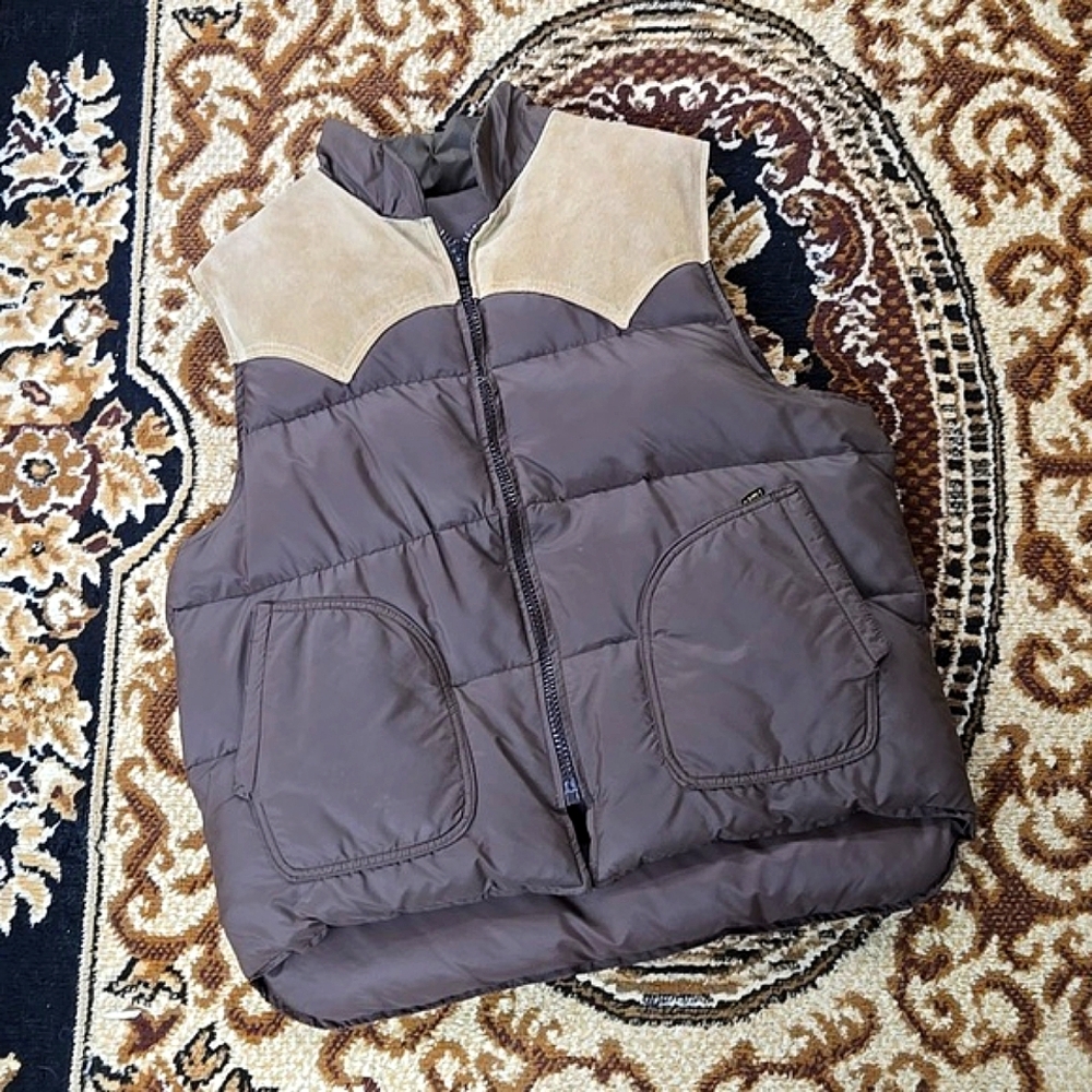 Vintage 70s Western Suede Puffy Vest Feather Down Puffer Brown Retro Cowboy 1970